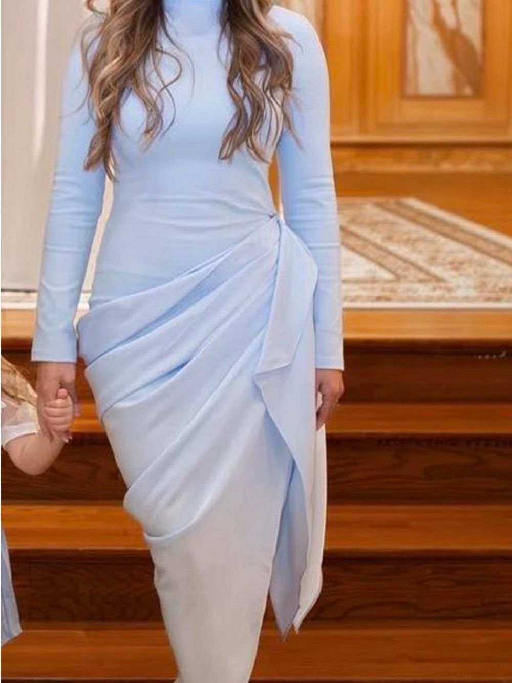 Club L London Pale Blue Long Sleeve Draped Midi Dress